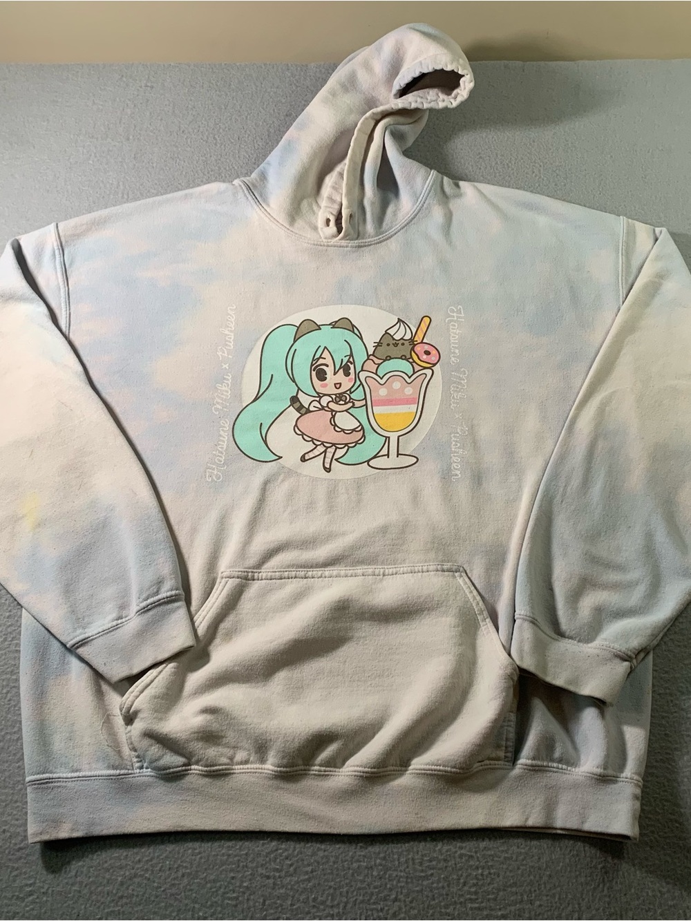 Official Hatsune Miku x Pusheen Pastel Tie-Dye Hoodie Sweatshirt - Size L